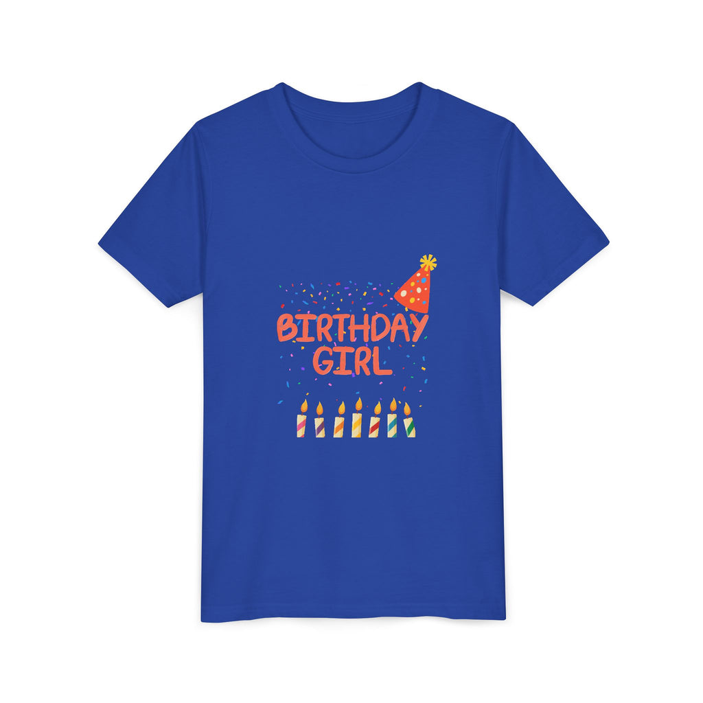 Birthday Girl Youth Tee — Cute Party Hat & Candles Kids Shirt
