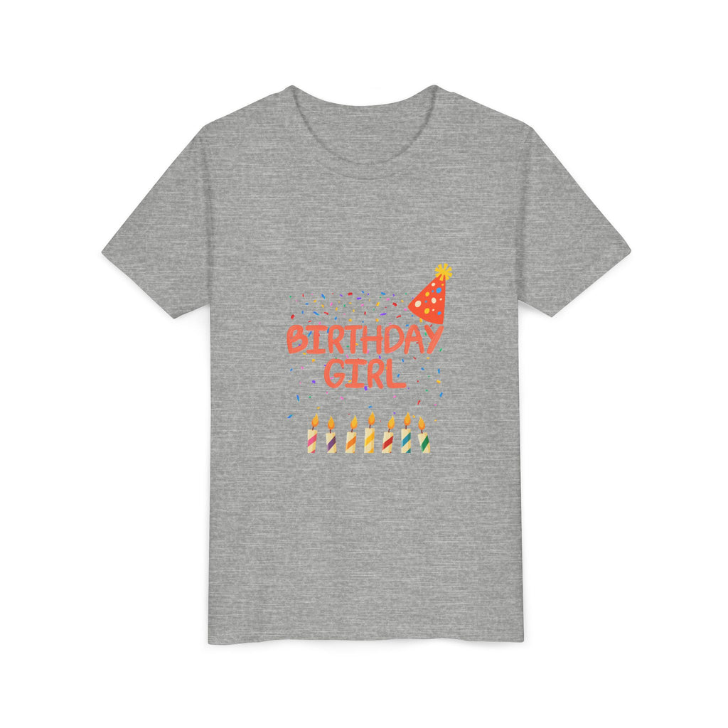 Birthday Girl Youth Tee — Cute Party Hat & Candles Kids Shirt