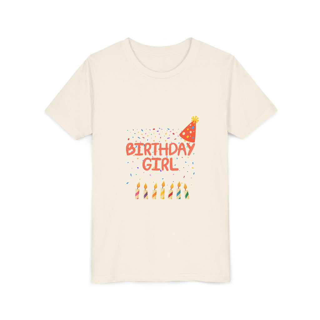 Birthday Girl Youth Tee — Cute Party Hat & Candles Kids Shirt