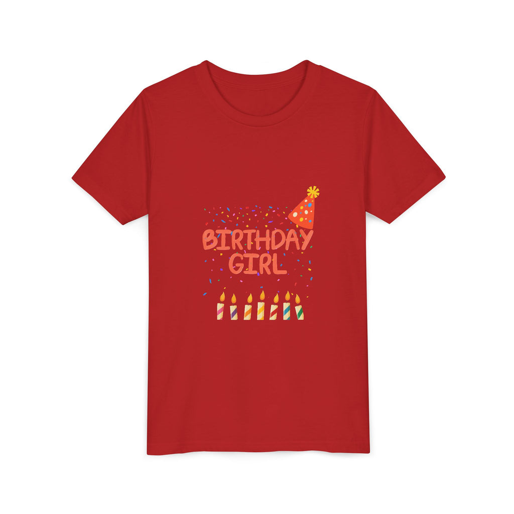 Birthday Girl Youth Tee — Cute Party Hat & Candles Kids Shirt