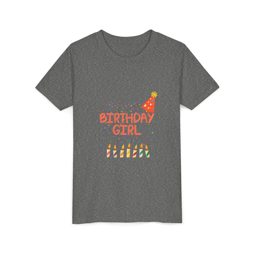 Birthday Girl Youth Tee — Cute Party Hat & Candles Kids Shirt
