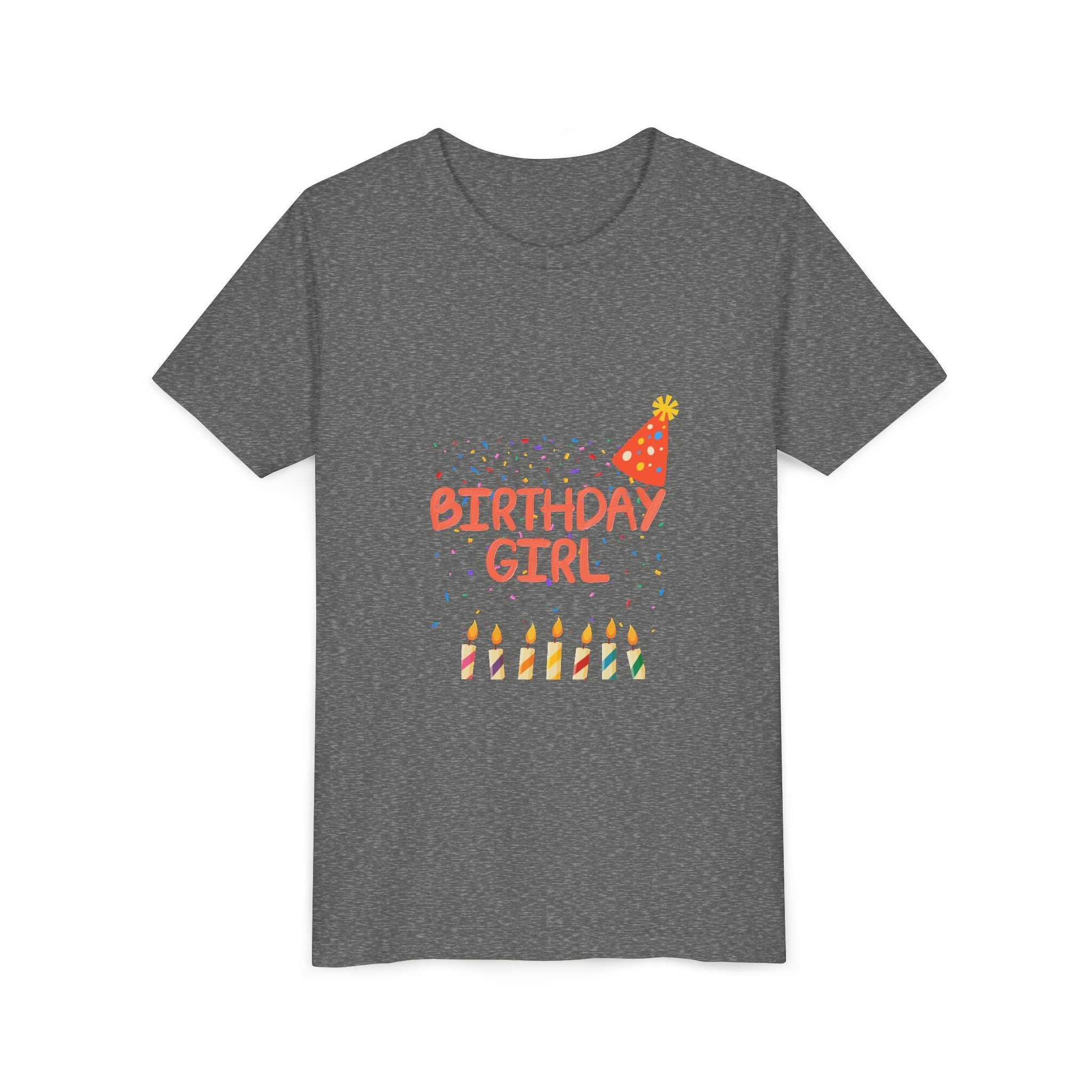 Birthday Girl Youth Tee — Cute Party Hat & Candles Kids Shirt