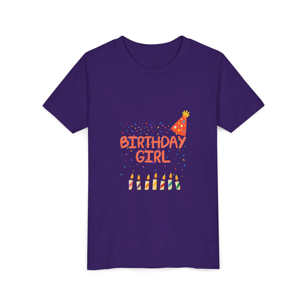 Birthday Girl Youth Tee — Cute Party Hat & Candles Kids Shirt