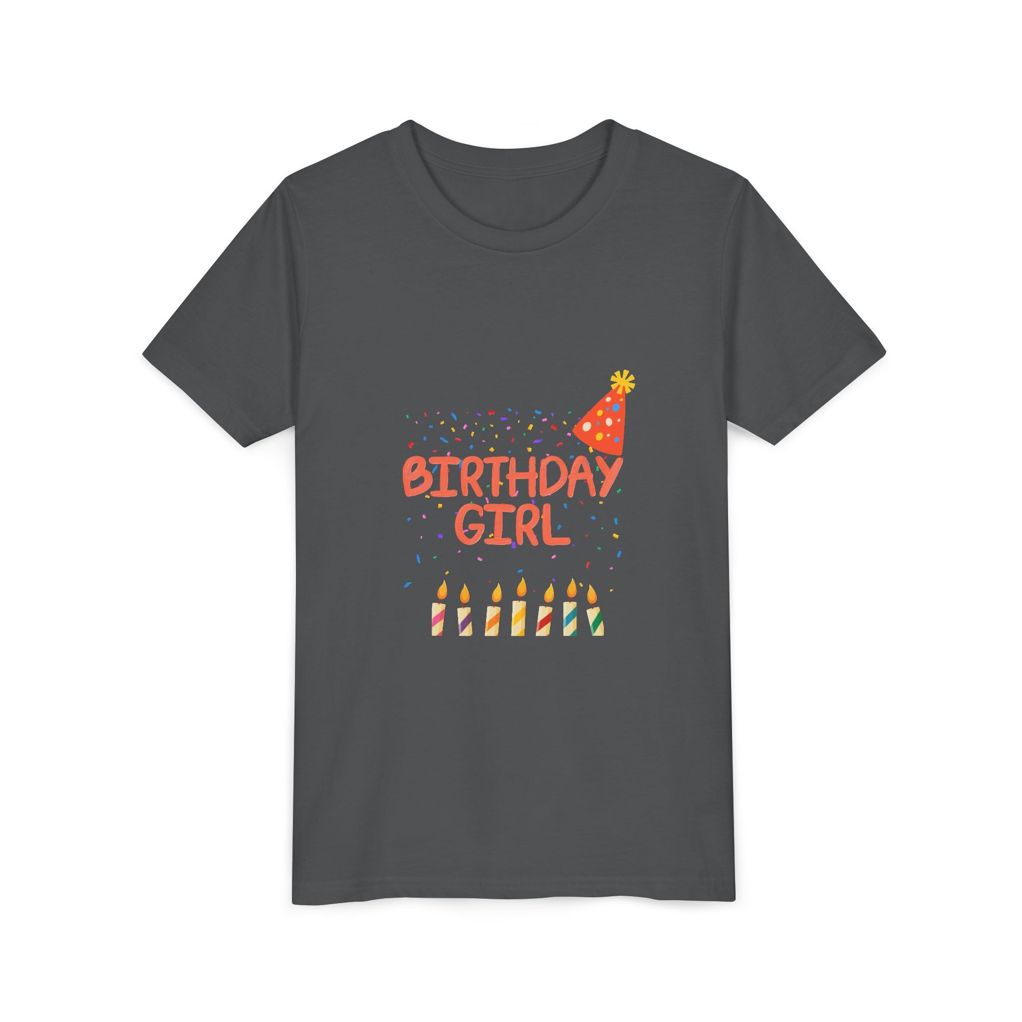 Birthday Girl Youth Tee — Cute Party Hat & Candles Kids Shirt