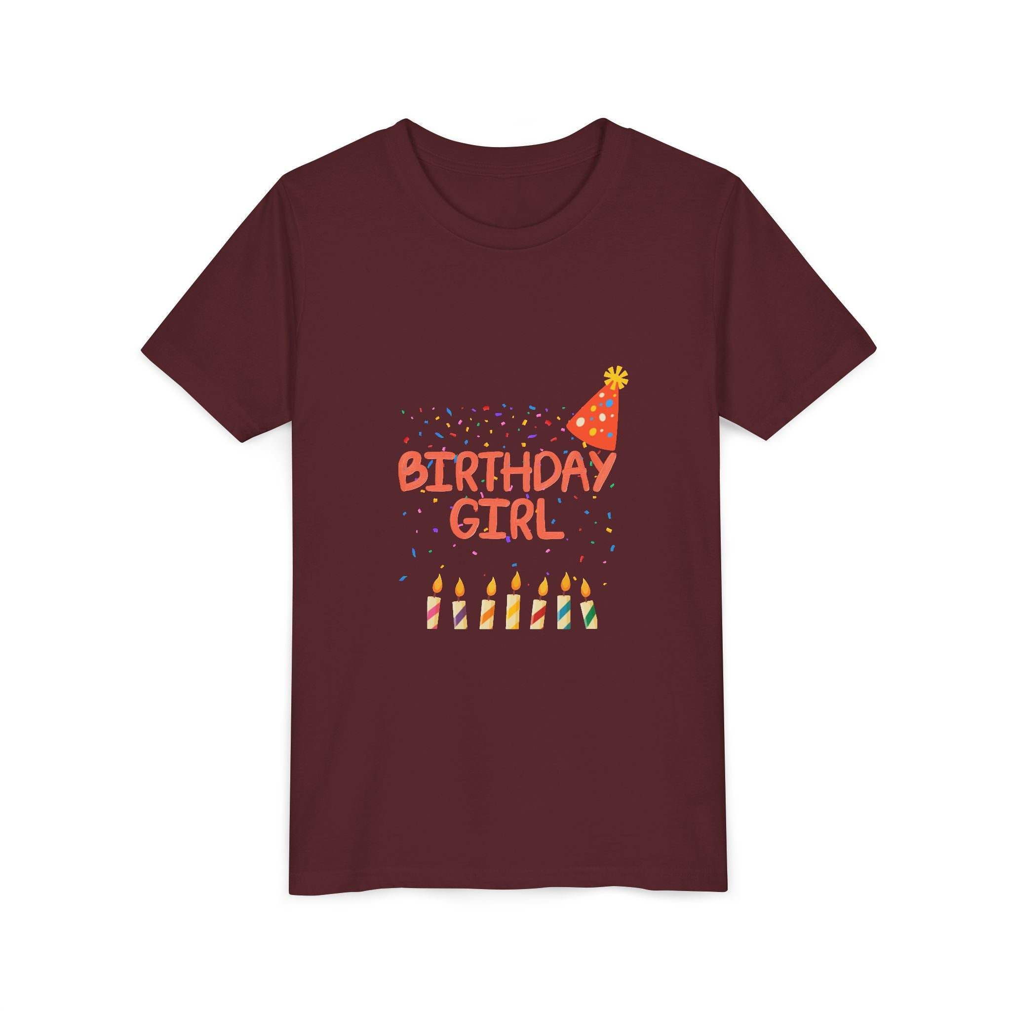 Birthday Girl Youth Tee — Cute Party Hat & Candles Kids Shirt