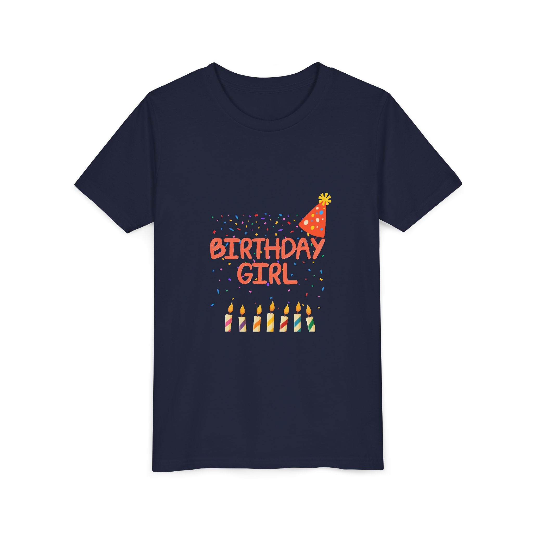 Birthday Girl Youth Tee — Cute Party Hat & Candles Kids Shirt
