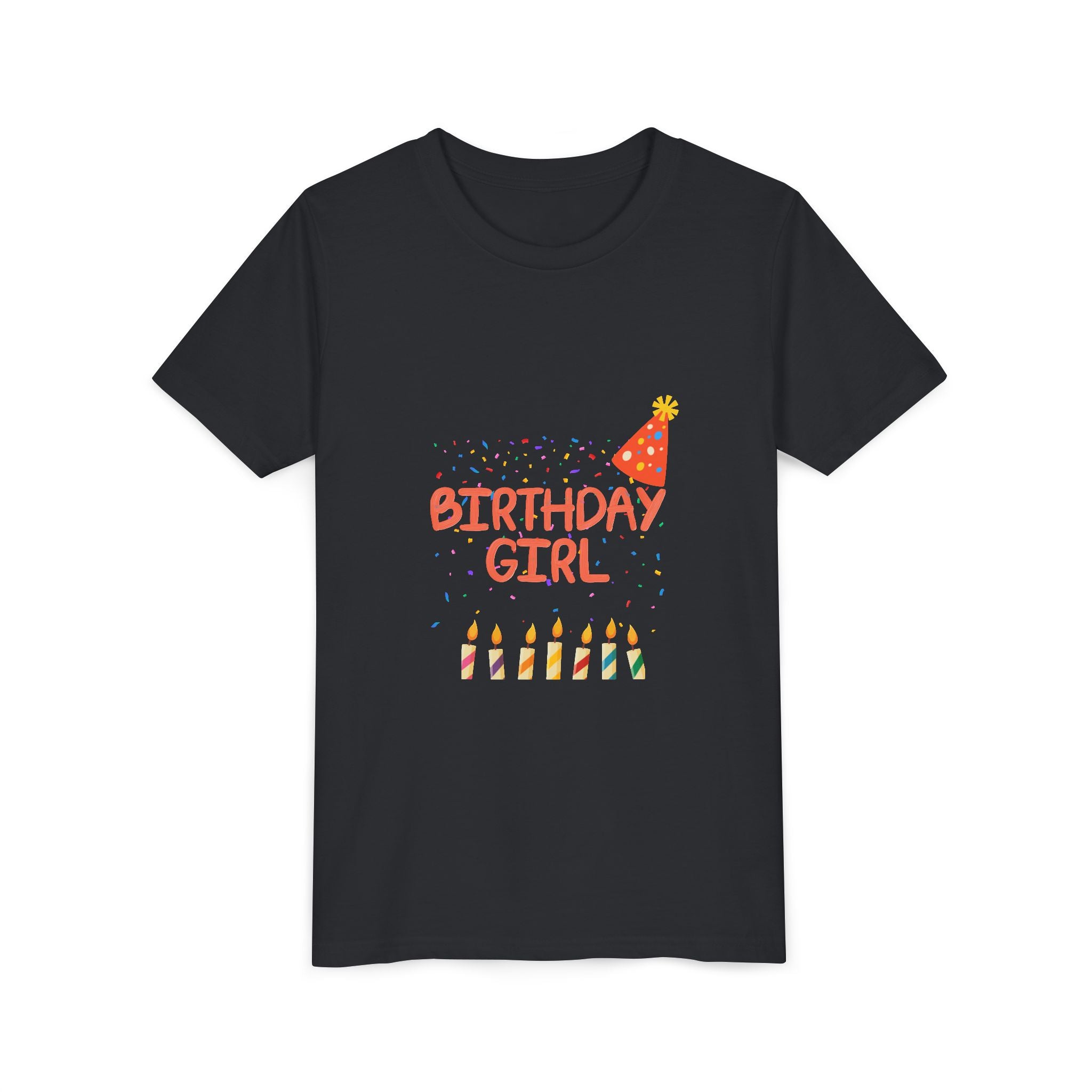 Birthday Girl Youth Tee — Cute Party Hat & Candles Kids Shirt