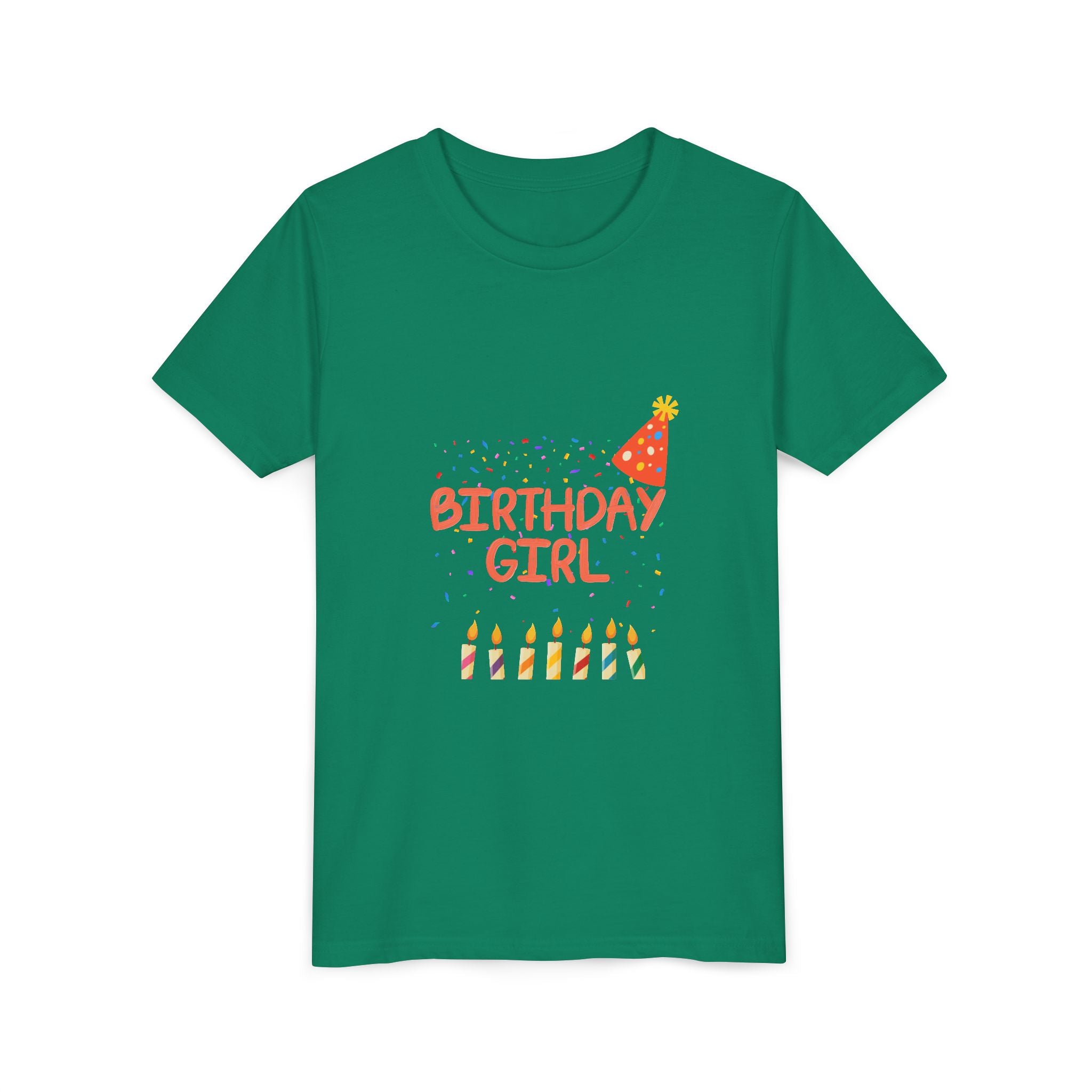 Birthday Girl Youth Tee — Cute Party Hat & Candles Kids Shirt