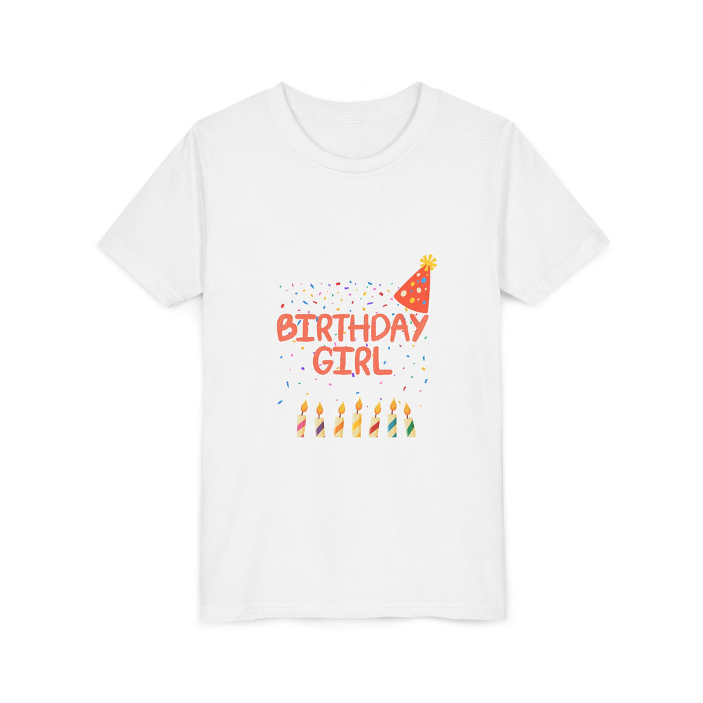 Birthday Girl Youth Tee — Cute Party Hat & Candles Kids Shirt