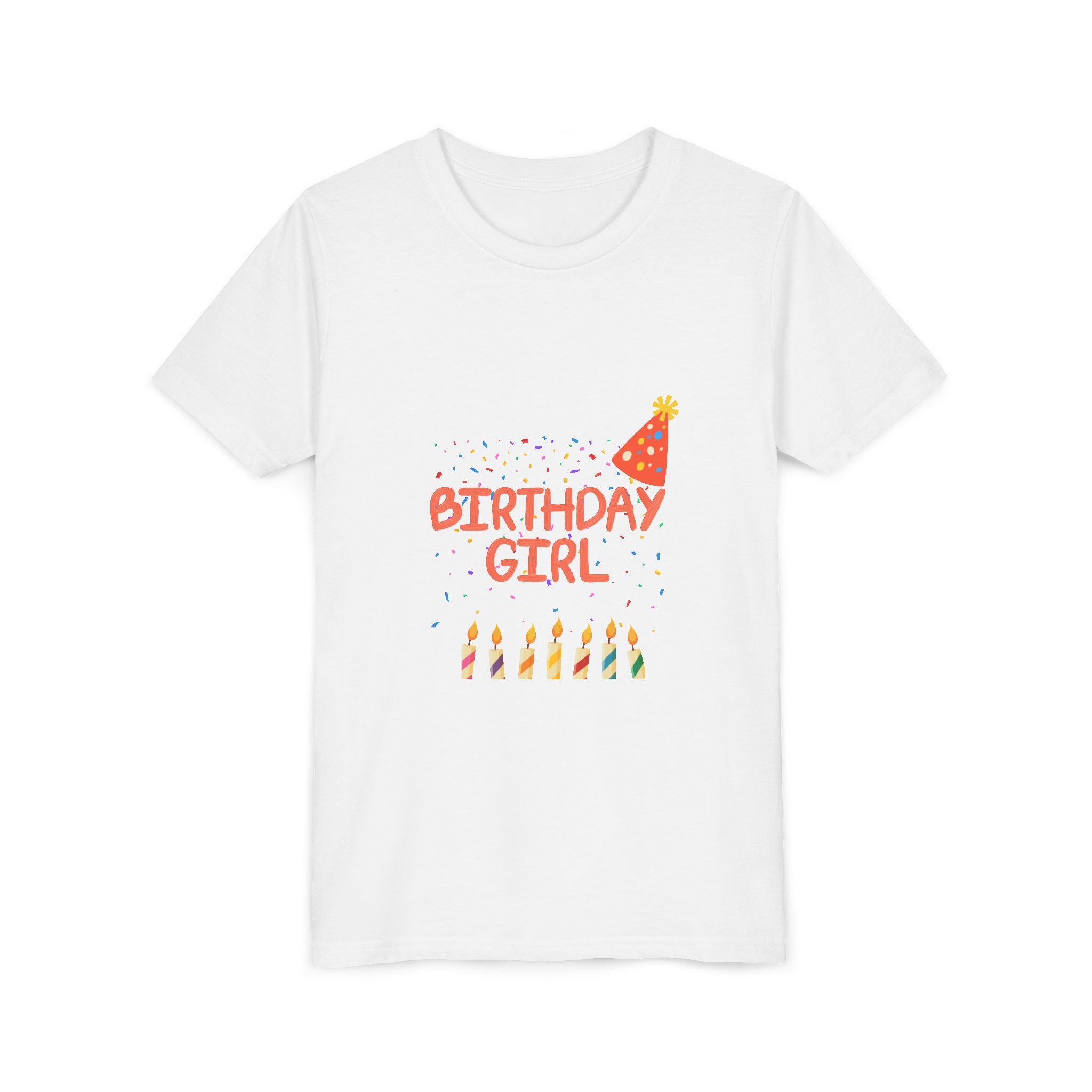 Birthday Girl Youth Tee — Cute Party Hat & Candles Kids Shirt