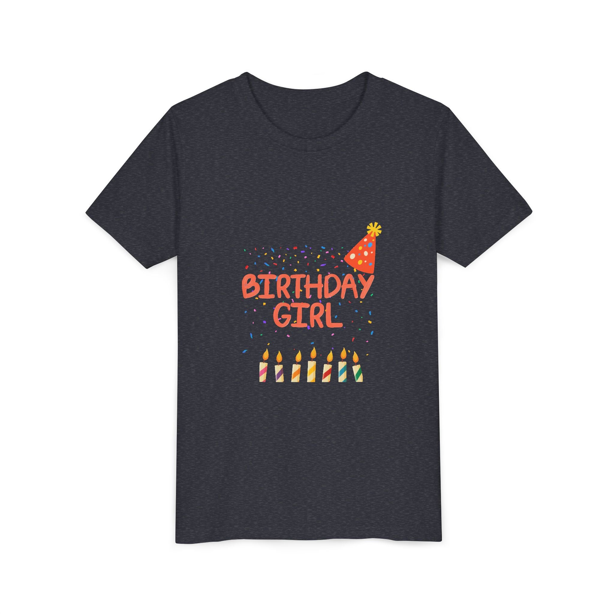Birthday Girl Youth Tee — Cute Party Hat & Candles Kids Shirt