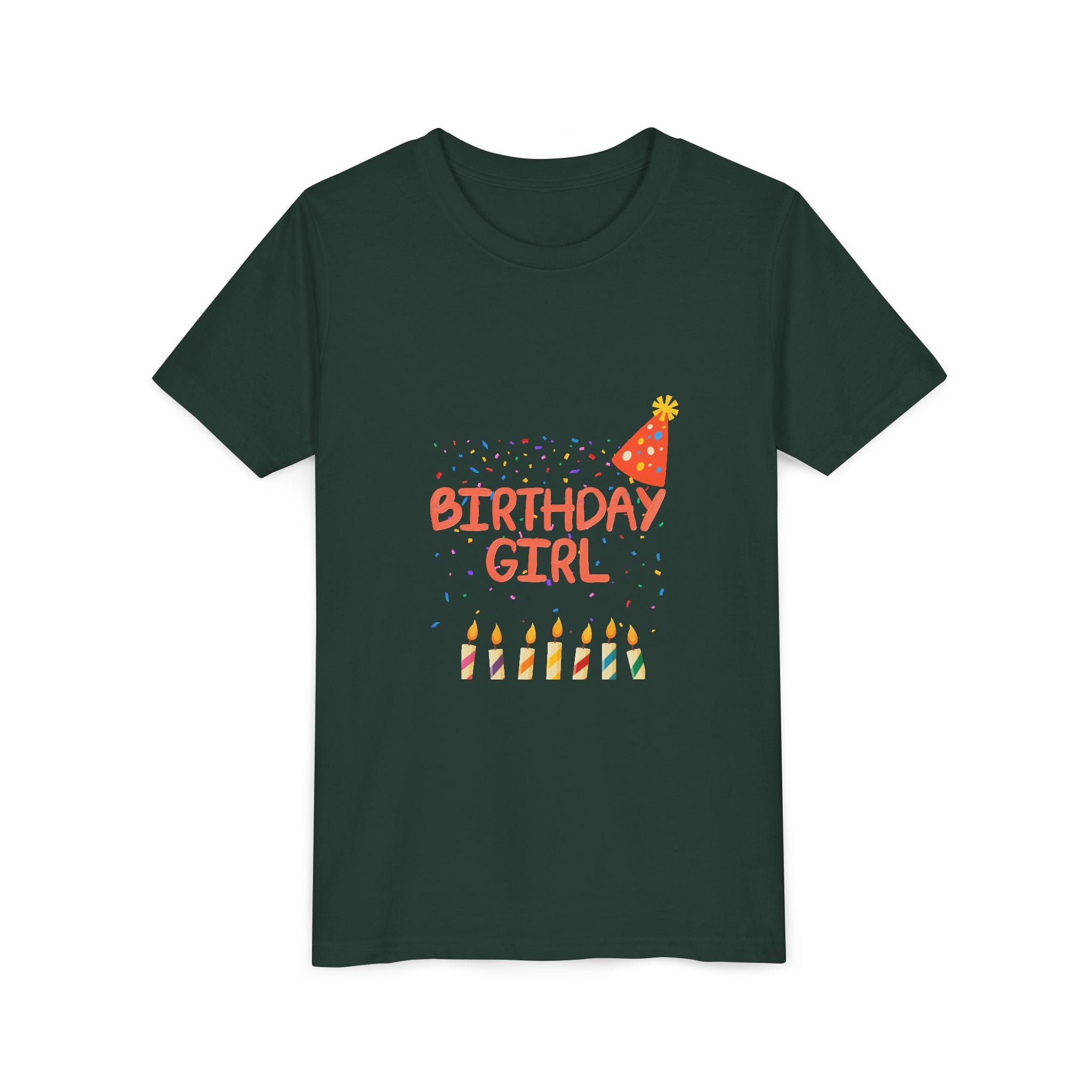 Birthday Girl Youth Tee — Cute Party Hat & Candles Kids Shirt