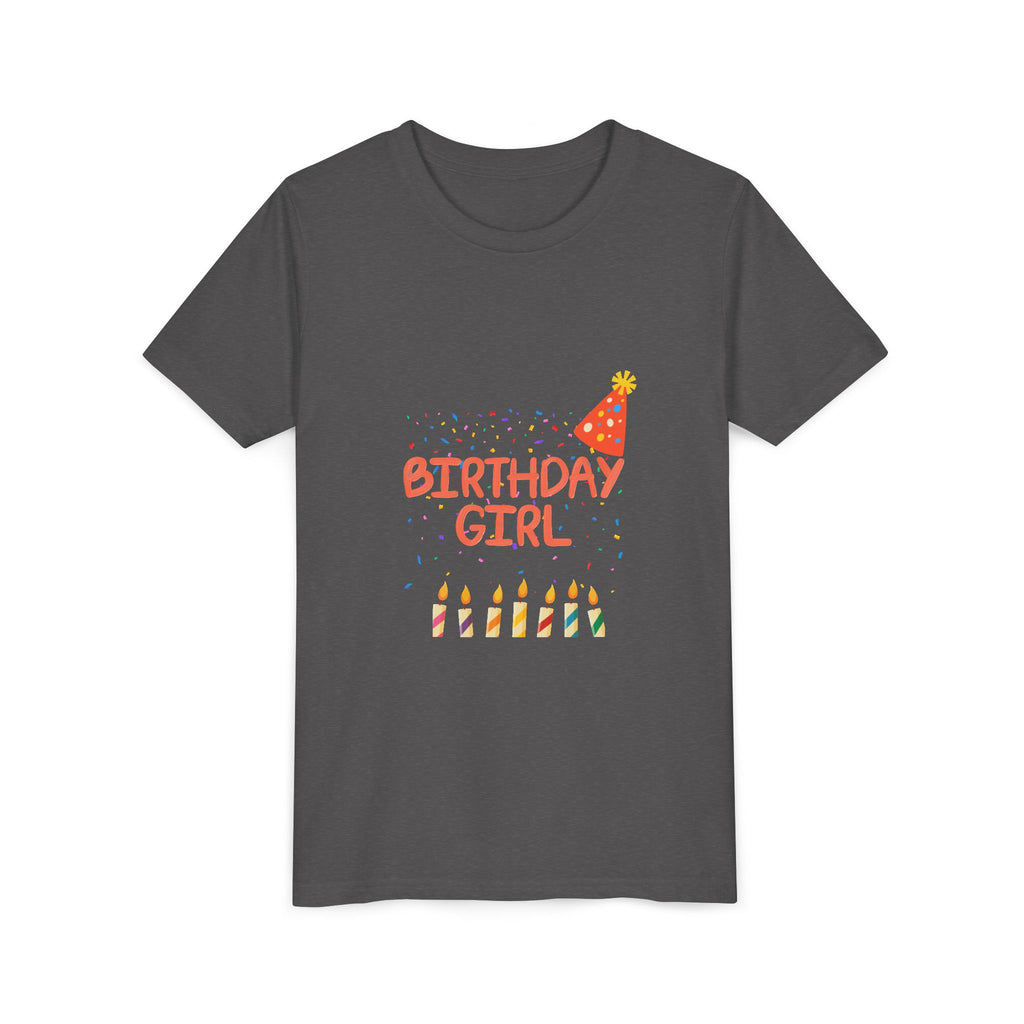 Birthday Girl Youth Tee — Cute Party Hat & Candles Kids Shirt