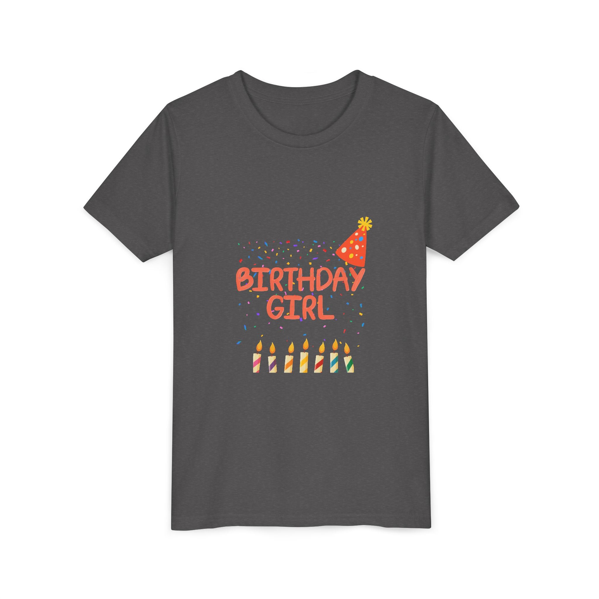 Birthday Girl Youth Tee — Cute Party Hat & Candles Kids Shirt